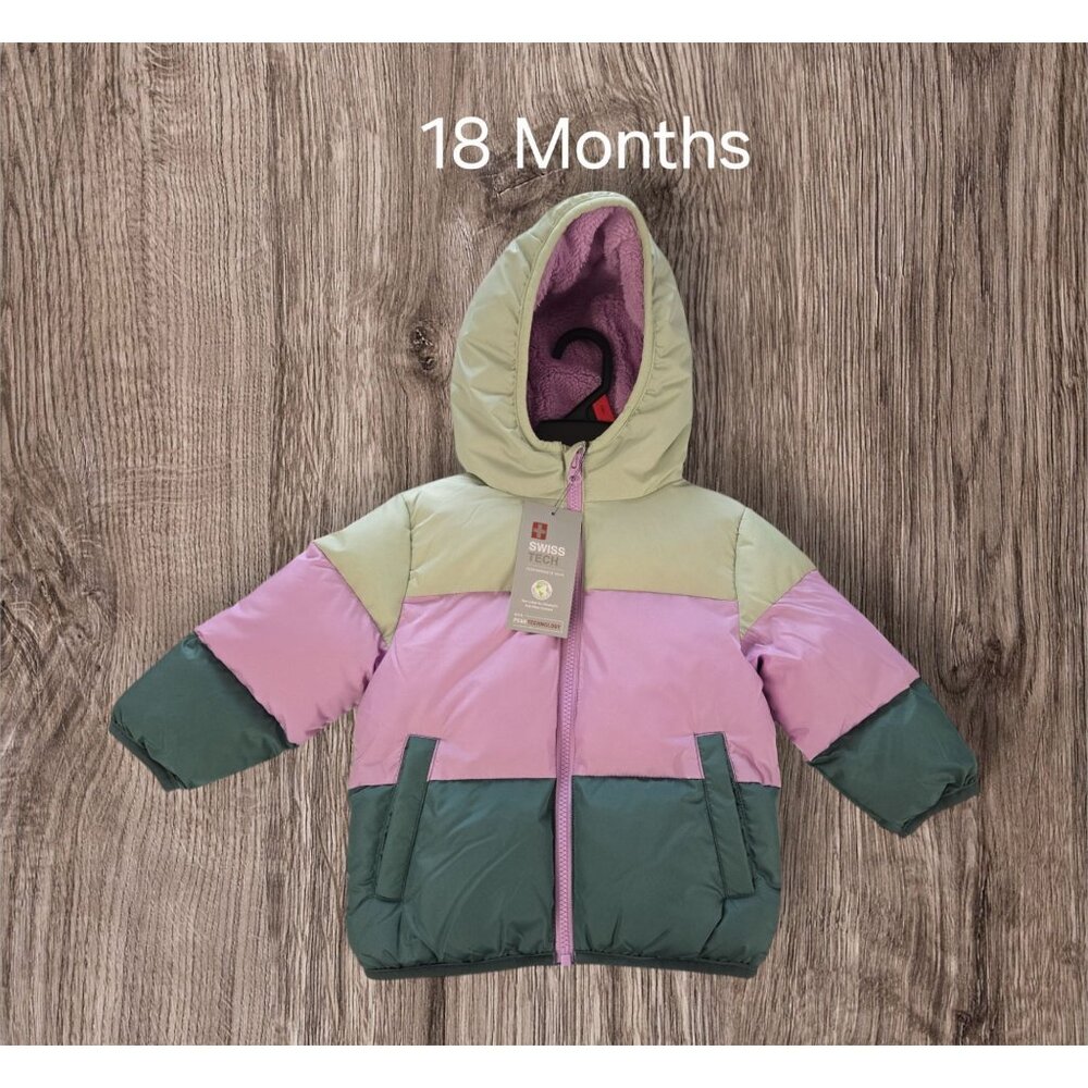 NWT Swiss Tech Toddler Heavyweight Puffer Jacket Size 18M / Purple & Green Multi